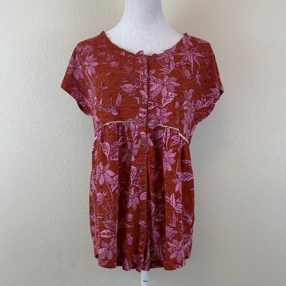 Anthropologie Elegant Floral Women's Blouse - Rust and Pink Size Small